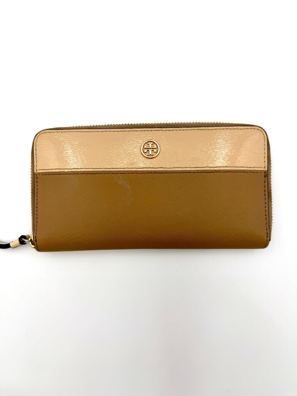Tory Burch Zip Around Continental Wallet Tan Saffiano Leather Colorblock